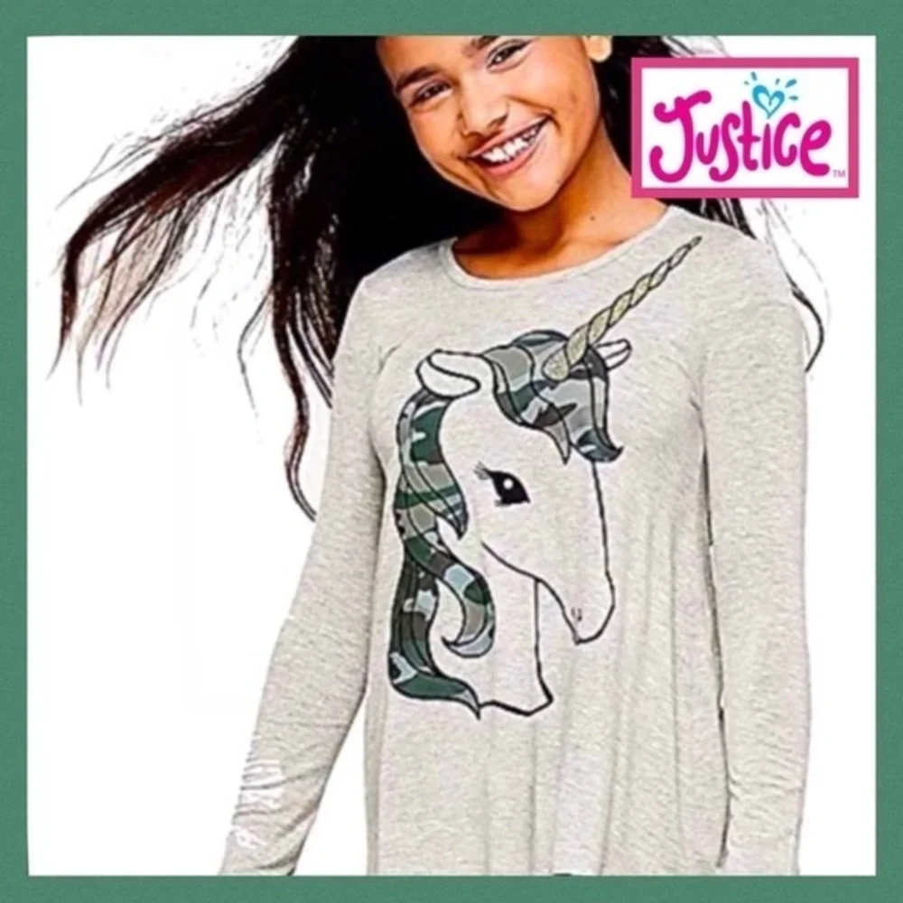 JUSTICE Camo Unicorn Long Sleeve Grey Graphic Tee